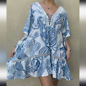 Z&L EUROPE KERALA PAISLEY-FLORAL PRNT CROCHET TRIMMED LACE-UP VNECK Large